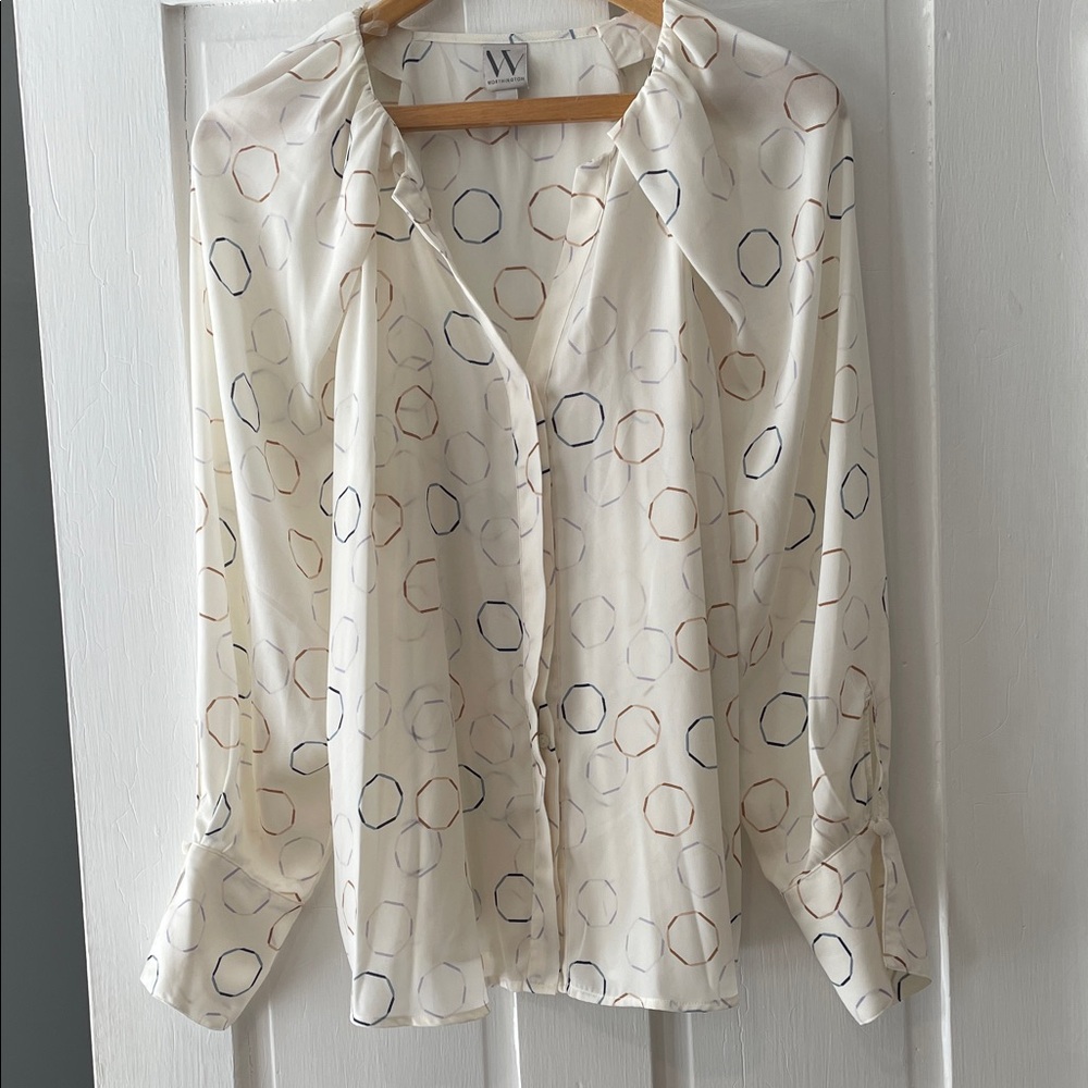 Worthington Cream Blouse with Multicolor Circles